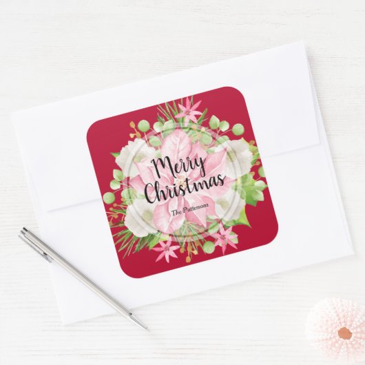 クリスマスポインセチアフローラレッドホリデイ スクエアシール (封筒)