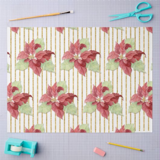 クリスマスポインセチアフローラ金ゴールドストライプグリッター 薄葉紙 (クラフト)