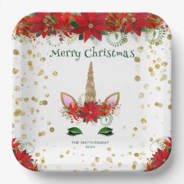 クリスマスポインセチアユニコーン グリーンフォント パーティー ペーパープレート