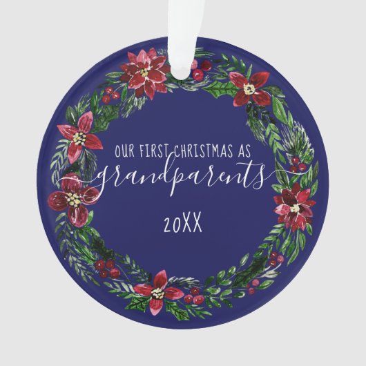クリスマスポインセチアリース祖父母の写真 オーナメント (正面)