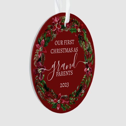 クリスマスポインセチアリース祖父母の写真 オーナメント (正面)