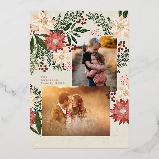 クリスマスポインセチア写真コラージュバラ金ゴールド 箔シーズンカード (正面)