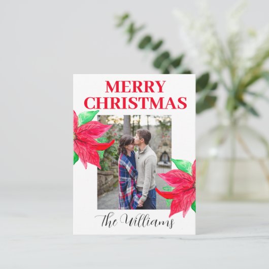 クリスマスポインセチア写真コラージュ水色 シーズンポストカード (スタンド正面)
