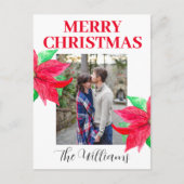 クリスマスポインセチア写真コラージュ水色 シーズンポストカード (正面)