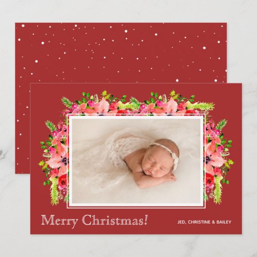 クリスマスポインセチア写真誕生のお知らせ シーズンカード (正面/裏面)