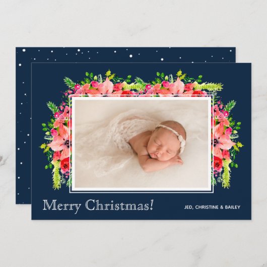 クリスマスポインセチア写真誕生のお知らせ シーズンカード (正面/裏面)
