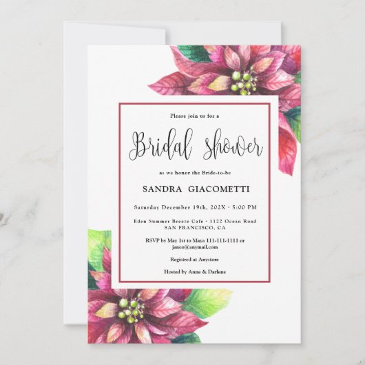 クリスマスポインセチア冬ブライダルシャワー 招待状 (正面)