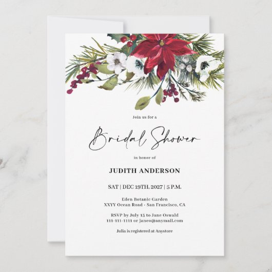 クリスマスポインセチア婚礼シャワー招待状 招待状 (正面)