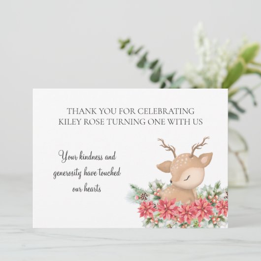 クリスマスポインセチア小さな鹿の誕生日パーティー サンキューカード (スタンド正面)