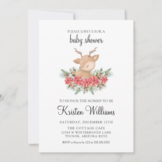 クリスマスポインセチア小さな鹿の赤ちゃんシャワー 招待状 (正面)