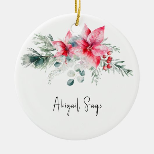 クリスマスポインセチア常緑フローラ聖句 セラミックオーナメント (正面)