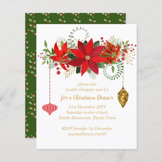 クリスマスポインセチア招待状レッド金ゴールドシック (正面/裏面)