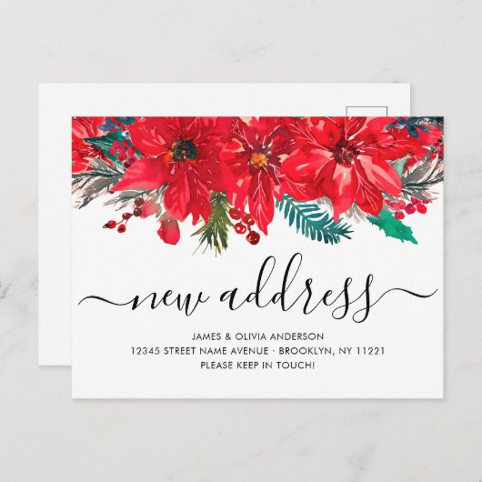 クリスマスポインセチア新しい住所ホリディムービング 案内ポストカード (正面/裏面)