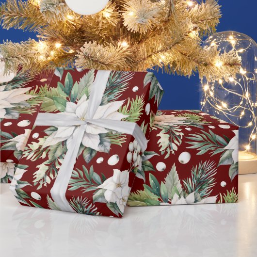 クリスマスポインセチア暗赤色ホワイトグリーンヴィンテージ ラッピングペーパー (クリスマス)