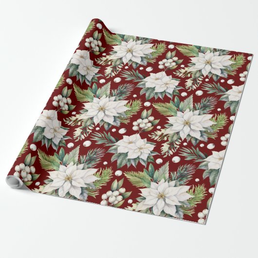 クリスマスポインセチア暗赤色ホワイトグリーンヴィンテージ ラッピングペーパー (アンロールド)