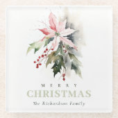 クリスマスポインセチア果実の葉の水色 ガラスコースター (正面)