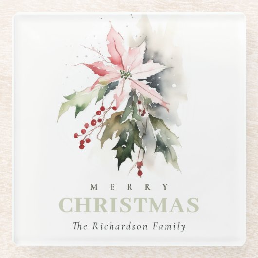 クリスマスポインセチア果実の葉の水色 ガラスコースター (正面)
