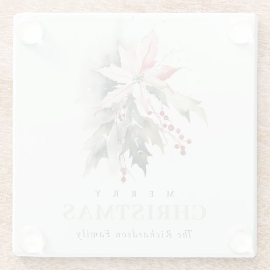 クリスマスポインセチア果実の葉の水色 ガラスコースター (裏面)