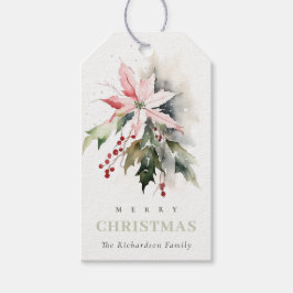 クリスマスポインセチア果実の葉の水色 ギフトタグ