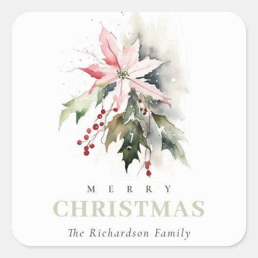 クリスマスポインセチア果実の葉の水色 スクエアシール (正面)