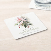 クリスマスポインセチア果実の葉の水色 スクエアペーパーコースター (アングル)