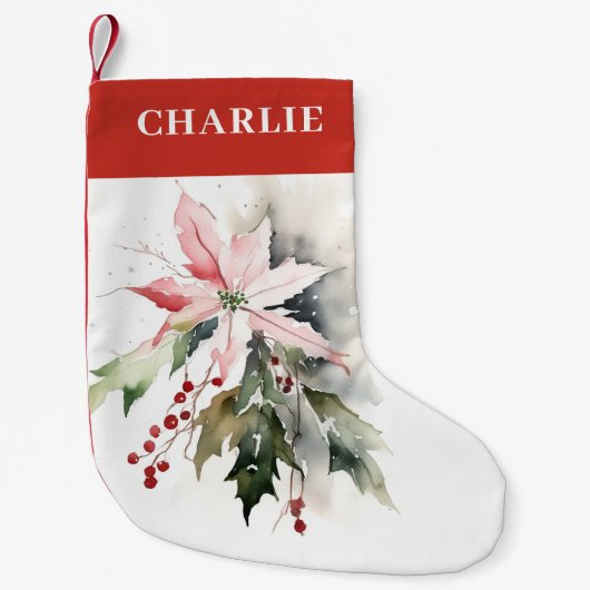 クリスマスポインセチア果実の葉の水色 スモールクリスマスストッキング (正面)