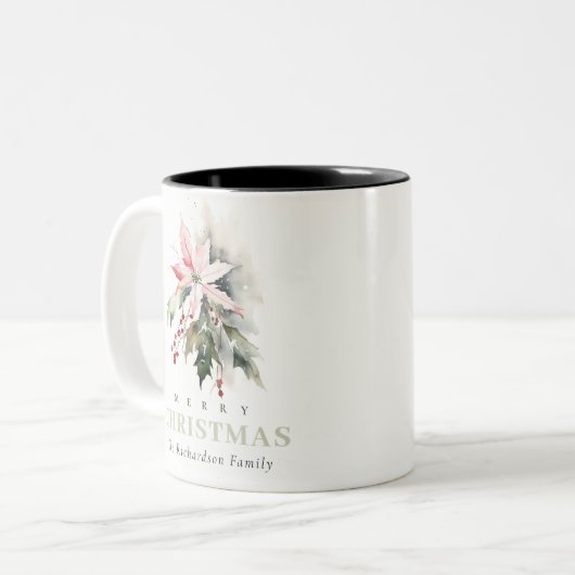 クリスマスポインセチア果実の葉の水色 ツートーンマグカップ (正面左)