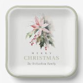 クリスマスポインセチア果実の葉の水色 ペーパープレート (正面)