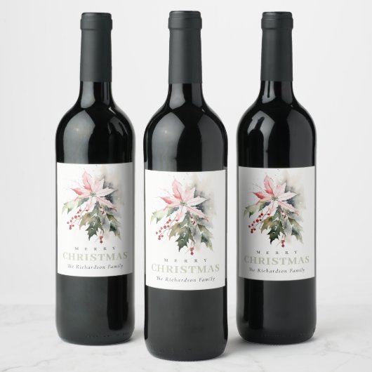 クリスマスポインセチア果実の葉の水色 ワインラベル (ボトル)