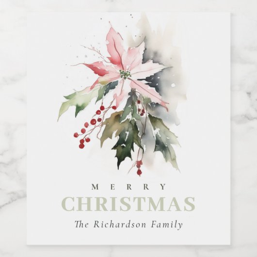 クリスマスポインセチア果実の葉の水色 ワインラベル (シングルラベル)