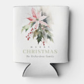 クリスマスポインセチア果実の葉の水色 缶クーラー (正面)