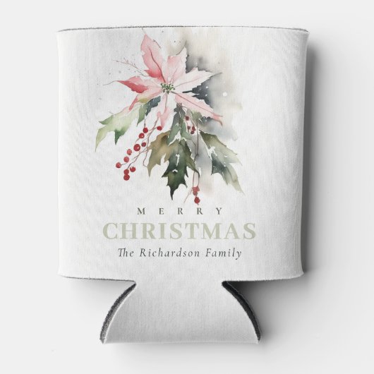 クリスマスポインセチア果実の葉の水色 缶クーラー (正面)