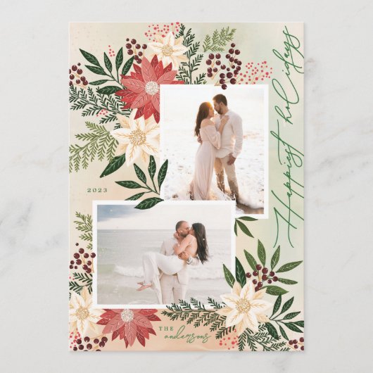 クリスマスポインセチア植物写真コラージュ幸せ シーズンカード (正面)