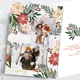 クリスマスポインセチア植物写真コラージュ 箔シーズンカード