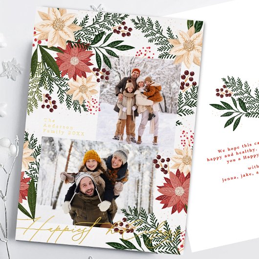 クリスマスポインセチア植物写真コラージュ 箔シーズンカード