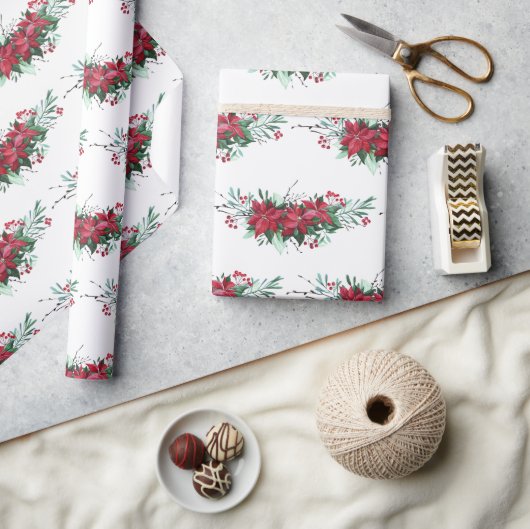 クリスマスポインセチア植物模様 ラッピングペーパー (クラフト)