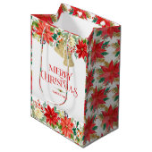クリスマスポインセチア模様とタイポグラフィ ミディアムペーパーバッグ (正面アングル)