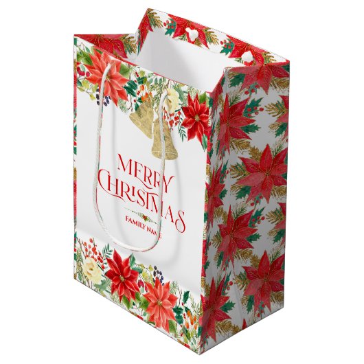 クリスマスポインセチア模様とタイポグラフィ ミディアムペーパーバッグ (正面アングル)