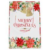 クリスマスポインセチア模様とタイポグラフィ ミディアムペーパーバッグ (正面)