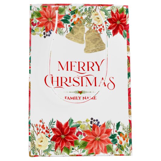 クリスマスポインセチア模様とタイポグラフィ ミディアムペーパーバッグ (正面)