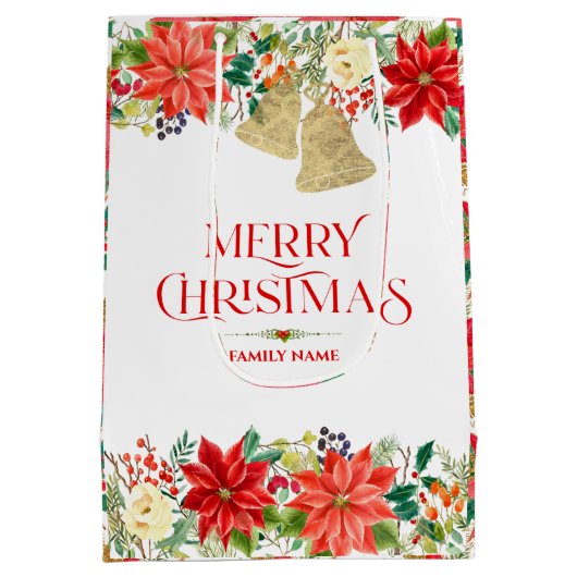 クリスマスポインセチア模様とタイポグラフィ ミディアムペーパーバッグ (裏面)