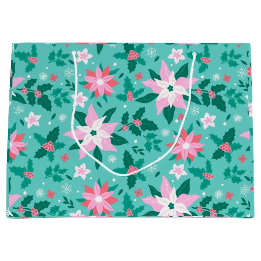 クリスマスポインセチア模様の荷物 ラージペーパーバッグ (正面)