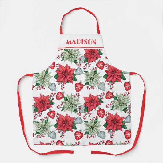 クリスマスポインセチア模様 エプロン (正面)