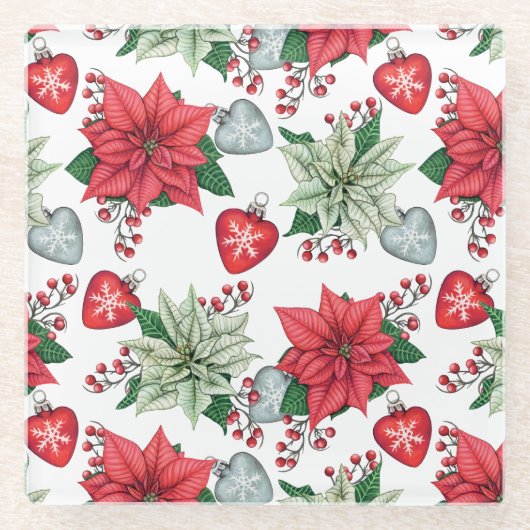 クリスマスポインセチア模様 ガラスコースター (正面)