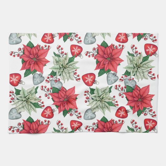 クリスマスポインセチア模様 キッチンタオル (横)