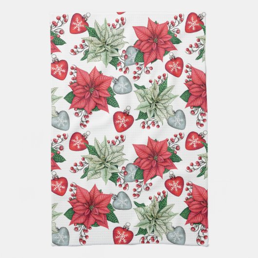 クリスマスポインセチア模様 キッチンタオル (縦)