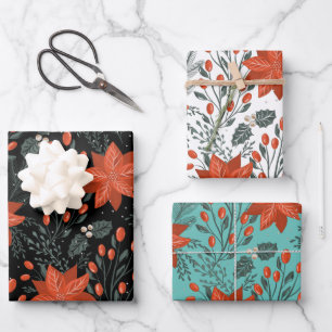 クリスマスポインセチア模様 ラッピングペーパーシート