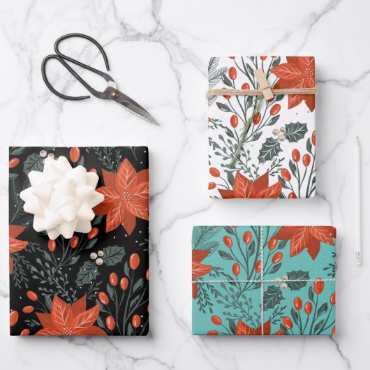 クリスマスポインセチア模様 ラッピングペーパーシート (正面)