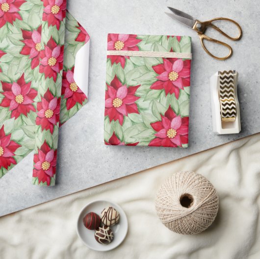 クリスマスポインセチア水の色の手絵を描形 ラッピングペーパー (クラフト)