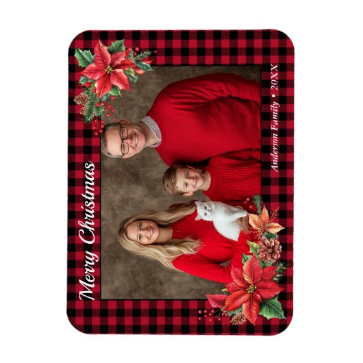 クリスマスポインセチア水牛のプレイドファミリー写真 マグネット (縦)